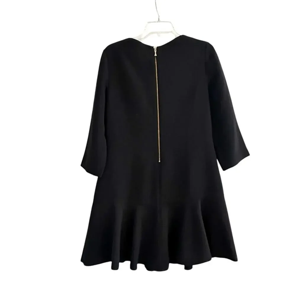 Kate Spade Black Crepe Flounce Dress Solid Size 8 Bateau Boat Neck Mini Elegant